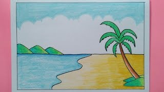 How To Draw A Sea Beach Scenery - Easy Drawing