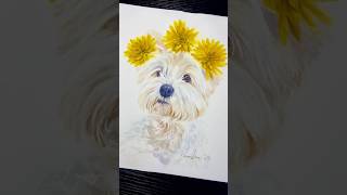 Cute little white dog with flowers mini process! 🌼 #art #artist #tutorial #watercolor #petportrait