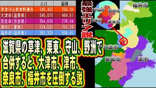 滋賀県の草津市、栗東市、守山市、野洲市で連合すると、近隣県庁所在地の大津市、津市、奈良市、福井市を圧倒する説