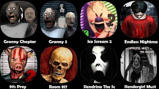 Granny Chapter, Granny 3, Ice Scream 2, Endless Nightma, 911: Prey, Room 817, Slendrina The Sc.