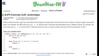 Java Practice It | Exercise 4.20: numUnique | if/else, method basics, return
