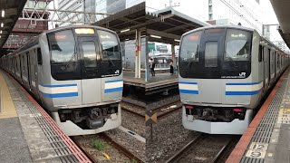 【前4両最後の原色量産先行車+後ろ11両最後の後期型基本編成】E217系Y-102編成+Y-42編成 快速東京行き 津田沼駅発着シーン