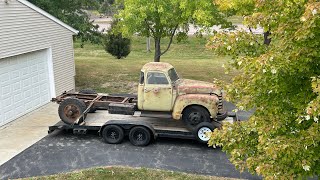 1947 Chevy 5 window, pulling the front clip off to make room for a 12 Valve Cummins !