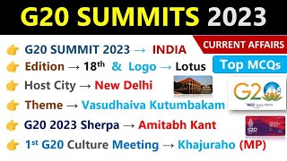 G20 Summits 2023 India | G20 Summit Imp MCQs | G20 शिखर सम्मेलन 2023 | G20 Current Affairs 2023 |