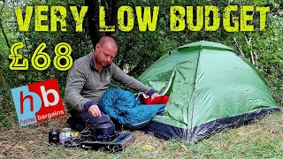 Tent camping in £68 budget equipment from home bargains.