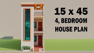 15x45 में  4 कमरे का मकान,15 by 45 4 Bedroom house plan,3D 15*45 house planing,3D house map