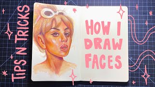 how i draw faces! ~graphite, pen, colored pencil~