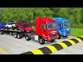 quadruple trucks transporting cars with flatbed trailers cars vs speedbump vs train vs pothole 38