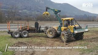 Une remorque BMF 17T2 Pro sans grue sur skidder HSM 904ZL bénéficie du large grappin de l’engin