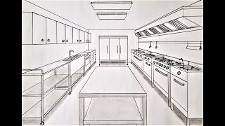 How to draw in one point perspective, a restaurant kitchen