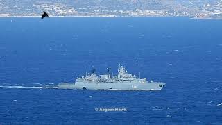 German Navy frigate F216 FGS Schleswig-Holstein southbound Chios Strait in east Aegean Sea.