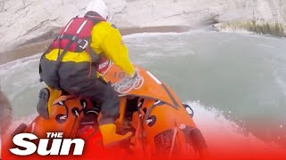 Lifeboat team rescues dog that survived 100ft cliff fall