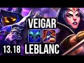 VEIGAR vs LEBLANC (MID) | 2000+ games, 6 solo kills, 1.4M mastery, 6/2/6 | NA Grandmaster | 13.18