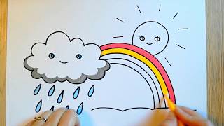 HOW TO DRAW Weather - Rainy Cloud, Rainbow and Sun - Colored with markers
