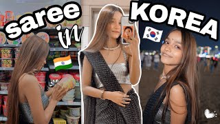 🇰🇷 SAREE CHALLENGE IN KOREA 🥻🖤 I wore black sari for the first time in KOREA 🇮🇳