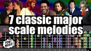 7 Classic Major Scale Melodies & Riffs Across the 5 Diatonic CAGED Shapes in 4 Keys (Guitar Lesson)