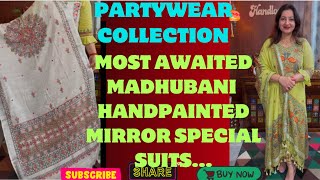 23/1/25.PARTYWEAR MITHILA ART COLLECTION.AUTHENTIC MADHUBANI HANDPAINTED MIRROR PURE COTTON SUITS.