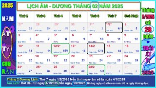 Lịch âm dương tháng 2 năm 2025 - Lịch vạn niên tháng 2/2025, Tuổi Ất Tỵ