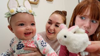 BABY BUNNY for NAVEY!!  Easter Morning Surprise! finding hidden eggs! coloring egg crafts with Adley