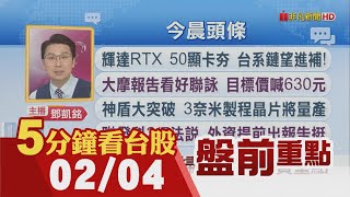 美股收盤跌幅收斂!外資挺台積電1388元 聯發科1688元!輝達RTX 50顯卡超夯 台系鏈望進補!亞洲流感疫情一波波 引爆疫苗搶打潮｜主播鄧凱銘｜【5分鐘看台股】20250204｜非凡財經新聞