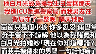 他白月光故意換我生日蛋糕那天 我進ICU她進警察局，而我男友在警局守了一整晚，隔天他說茵茵只是個小孩 你多忍忍，倆巴掌分手簽下不諒解，他以為我賭氣 和白月光拍婚紗「現在你知道哪錯？」而我手機傳來的聲音