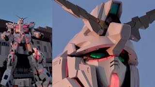 夕映えのユニコーンガンダムの急速変形を2画面合成で。4K編集版。お台場実物大立像。