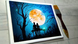 How To Paint " Couple Under The Moonlight " Couple Painting With Easy Steps / Couple Penting