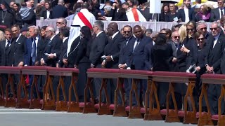 US President Trump and French President Macron shake hands during Pope Francis funeral mass | AFP