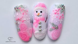 Winter roses and snowman nail art. Pink Christmas nail art tutorial