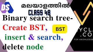 DS 48 -Binary search tree-Create BST, insert & search, delete node (മലയാളം)