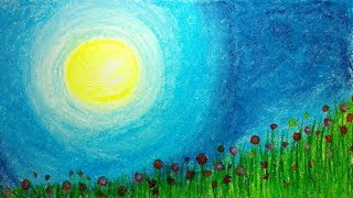 How to draw a scenery of moonlit night with oil pastels step by step