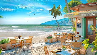 Outdoor Seaside Coffee Shop Ambience with Positive Bossa Nova Jazz Music & Crashing Waves for Relax