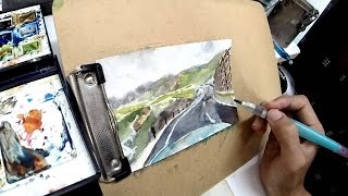 水彩画の描き方一例　絵葉書　「道と風景」　磐梯吾妻スカイライン　How to watercolor \