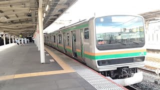 E231系1000番台U584編成+E231系1000番台????編成が湘南新宿ライン東海道線直通快速平塚行きとして大宮駅6番線を発車するシーン