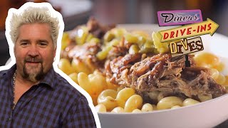 Guy Fieri Eats Barbecue Pulled Pork Mac and Cheese | Diners, Drive-Ins and Dives | Food Network