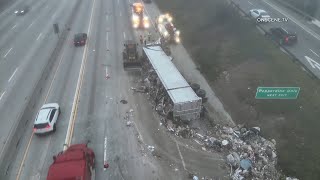 Overturned Semi Spreads Trash on 405 Freeway