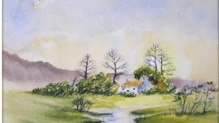 PAINT A COTTAGE SCENE WITH HILLS,TREES,GRASS & WATER IN WATERCOLOR.....COUNTRY COTTAGE,VIDEO 06