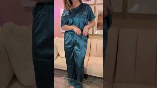 Ekouaer Womens Satin Silky Pajama Set Short Sleeve Shirt with Long Pajama Pant Set