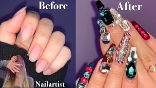 Asmr크리스마스네일,연장부터 아트까지/손톱성형 Nail Tutorial Real sounds/레드,그린,스왈,글리터,프렌치,팁연장,엠보,라인,젤네일[Nail-log15]