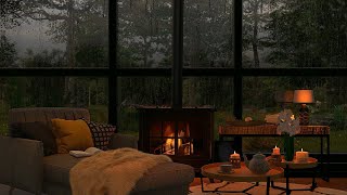Cozy room ambience ASMR🌙 Rain on window sounds with crackling fire for sleep, study, relaxation.