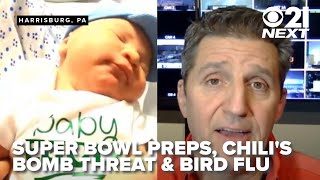 A Chili's bomb threat; bird flu bills, newborn Eaglets and Super Bowl skepticism: 21 Next