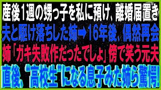 【スカッと話】産後1週の甥っ子を私に預け離婚届置いた夫と駆け落ちした姉➡16年後､絶縁した姉夫婦と偶然再会「あのガキ失敗作だったでしょ？ｗ」傍で爆笑夫。直後高校生になる息子みた姉らは驚愕…