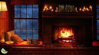 Rain on window - crackling fire and misty atmosphere for sleep, study, relax