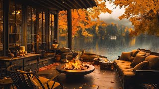 Fall Porch Ambience 🍂 Relaxing Autumn Morning Jazz Music with Rain Sounds \u0026 Fireplace to Study, Work