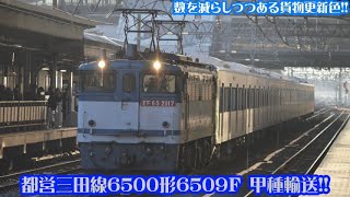 〈貨物更新色が牽引!!〉都営三田線6500形系6509F甲種輸送 JR野江駅,桂川駅,京都駅にて。