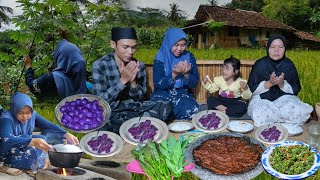 Menu BUKA PUASA, BIJI SALAK UBI UNGU, TUMIS DAUN SINGKONG TERI, SAMBL TERASI, LALAP DAUN MEDE PEPAYA