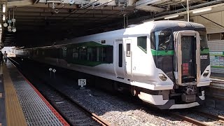 E257系5500番台OM-54編成が特急草津・四万1号長野原草津口行きとして大宮駅8番線に入線到着するシーン