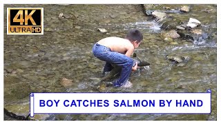 Boy catches huge salmon with his bare hands - 4K