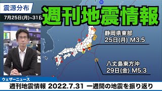 【週刊地震情報 2022.7.31】25日(月)に静岡県東部で震度3 富士川河口断層帯の近く