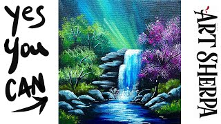 EASY Waterfall landscape 🌟🎨 How to paint acrylics for beginners: Paint Night at Home